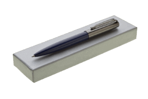 QINATO PLUS propiska kov v krabičce modrá navy s potiskem